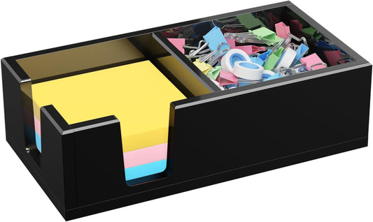 Acrylic Sticky Note Holder, Self-Stick Note Pad Holder W/O Pads - Note Dispenser Memo Pad Holder Desk Organizer for School Office Home (3''x3'' 2IN1 Black)