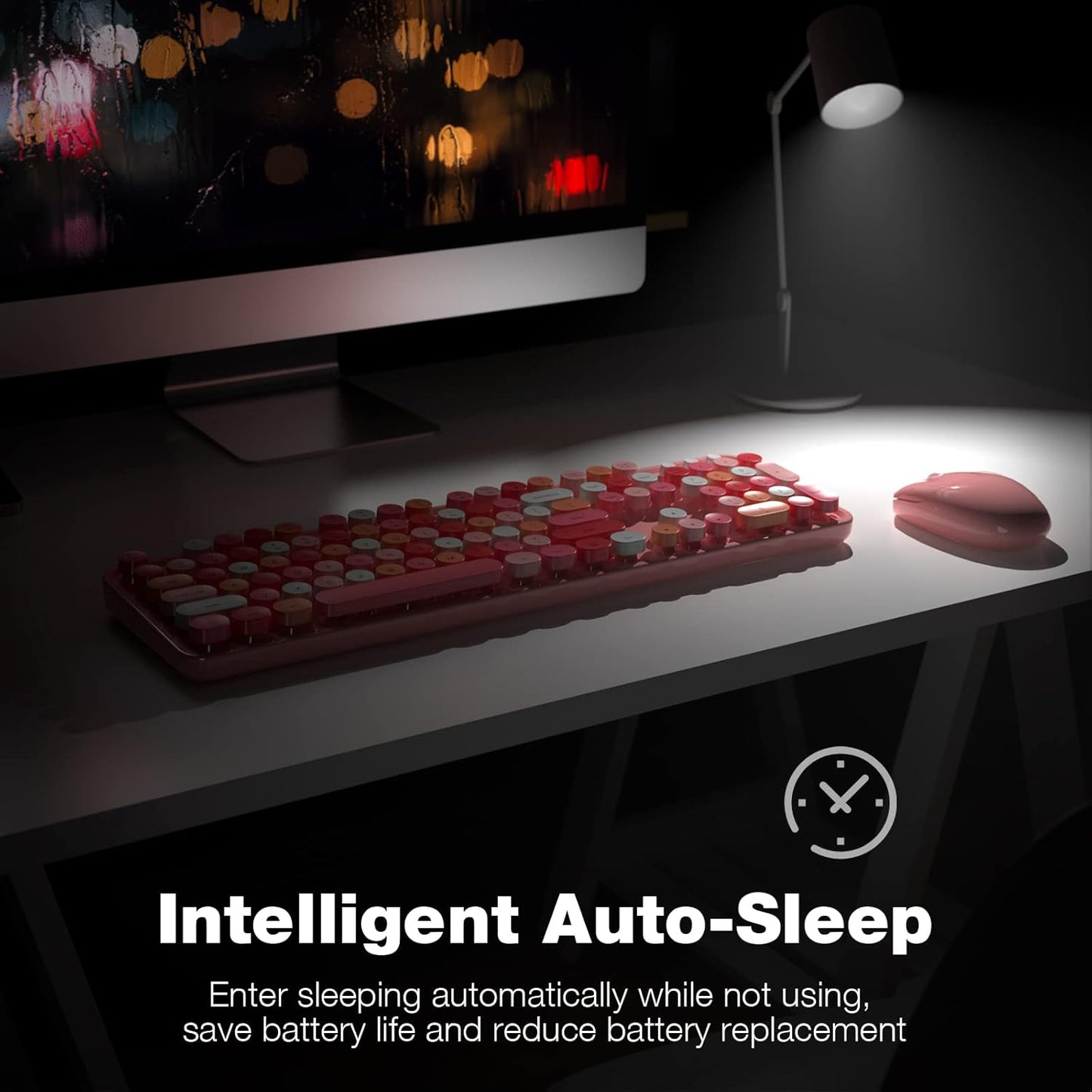 Wireless Keyboard and Mouse Combo, MOWUX Colorful Computer Full Size 2.4G Plug and Play Wireless Typewriter Keyboard and Mouse Set for Windows, Computer, Desktop, PC, Notebook (Pink Colorful)