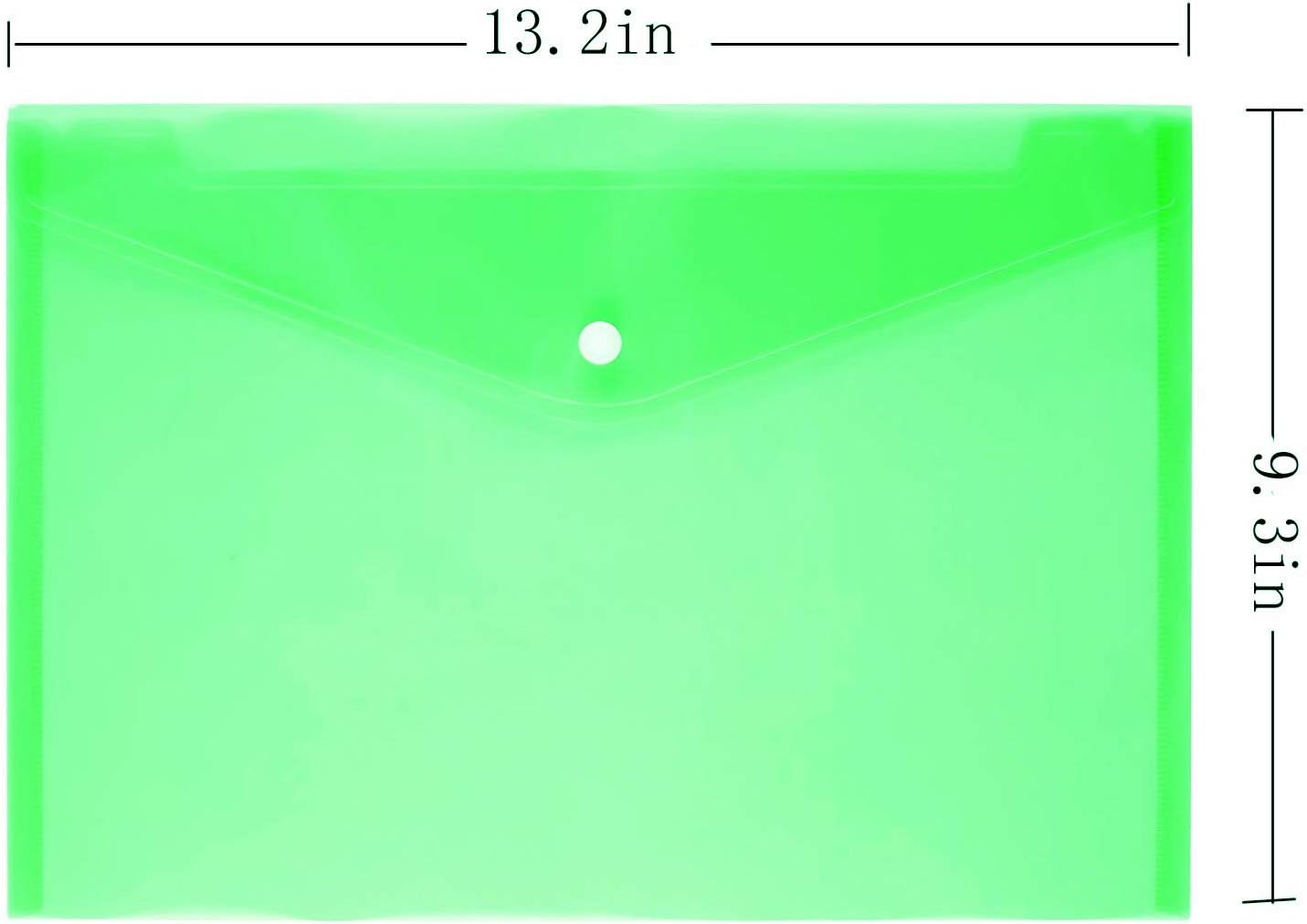 Poly Envelope 12 Pcs Document Envelopes with Snap Button Quality Clear Document Folder for A4 Size (Green)