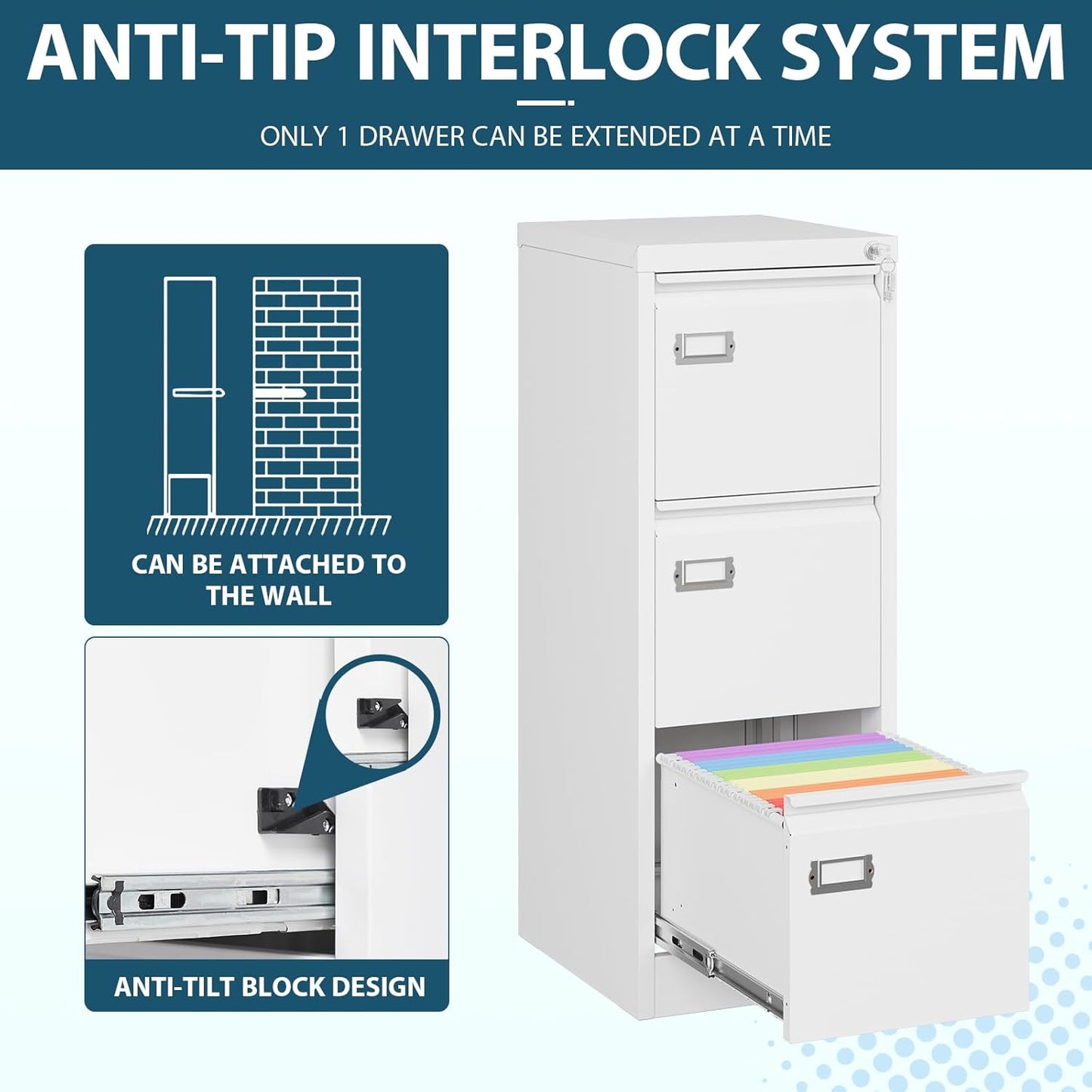 MIIIKO 3 Drawer File Cabinet, White Vertical Filing Cabinets with Lock, Home Office File Folders Storage Cabinet for Letter Legal A4 File Size