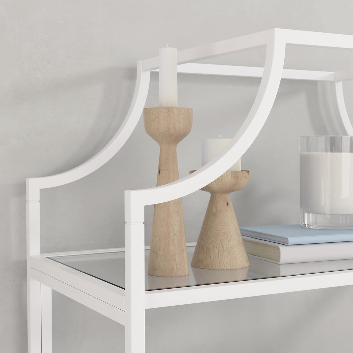 Sauder International Lux Book Shelf 5 Tier Modern Metal Multipurpose Bookcase with Glass Shelving, in White