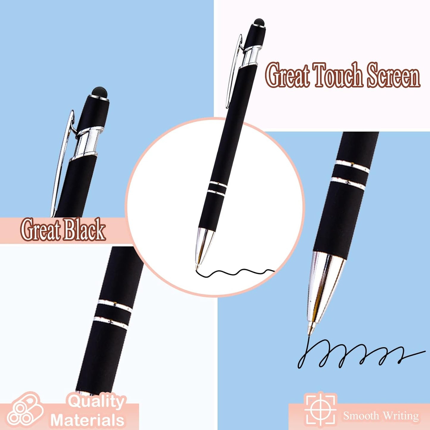 PASISIBICK 8 Pack Black Ballpoint Pens 2-in-1 Stylus Retractable Metal Stylus Pen for Touch Screens with Stylus tip, 1.0 mm Black Ink