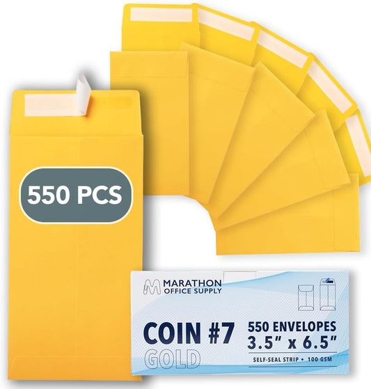 MOS #7 Gold Coin Envelopes 3.5 x 6.5 Inch 550 Pack — Self-Seal Yellow Money Envelopes for Cash, Budgeting, Savings Challenges, Seed Storage, Small Parts
