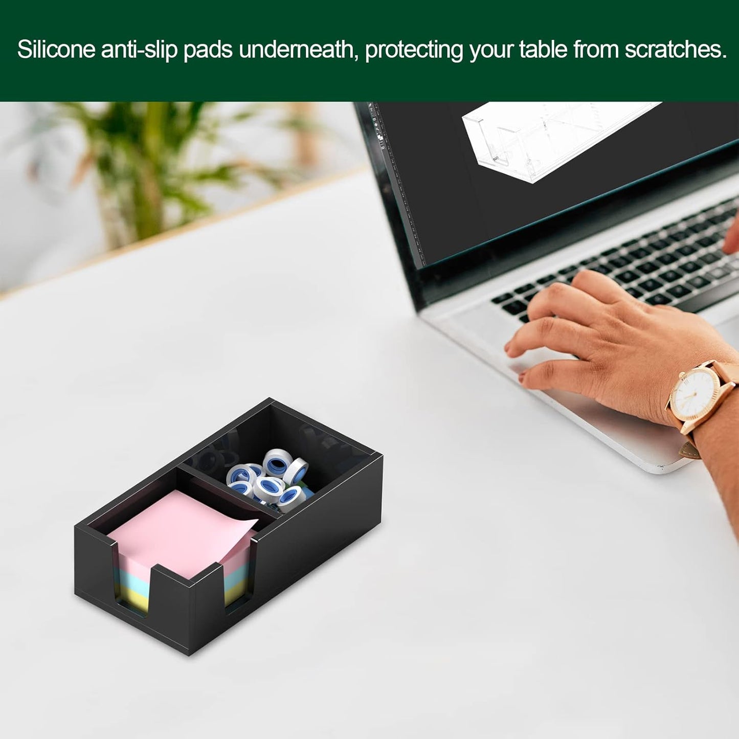 Acrylic Sticky Note Holder, Self-Stick Note Pad Holder W/O Pads - Note Dispenser Memo Pad Holder Desk Organizer for School Office Home (3''x3'' 2IN1 Black)