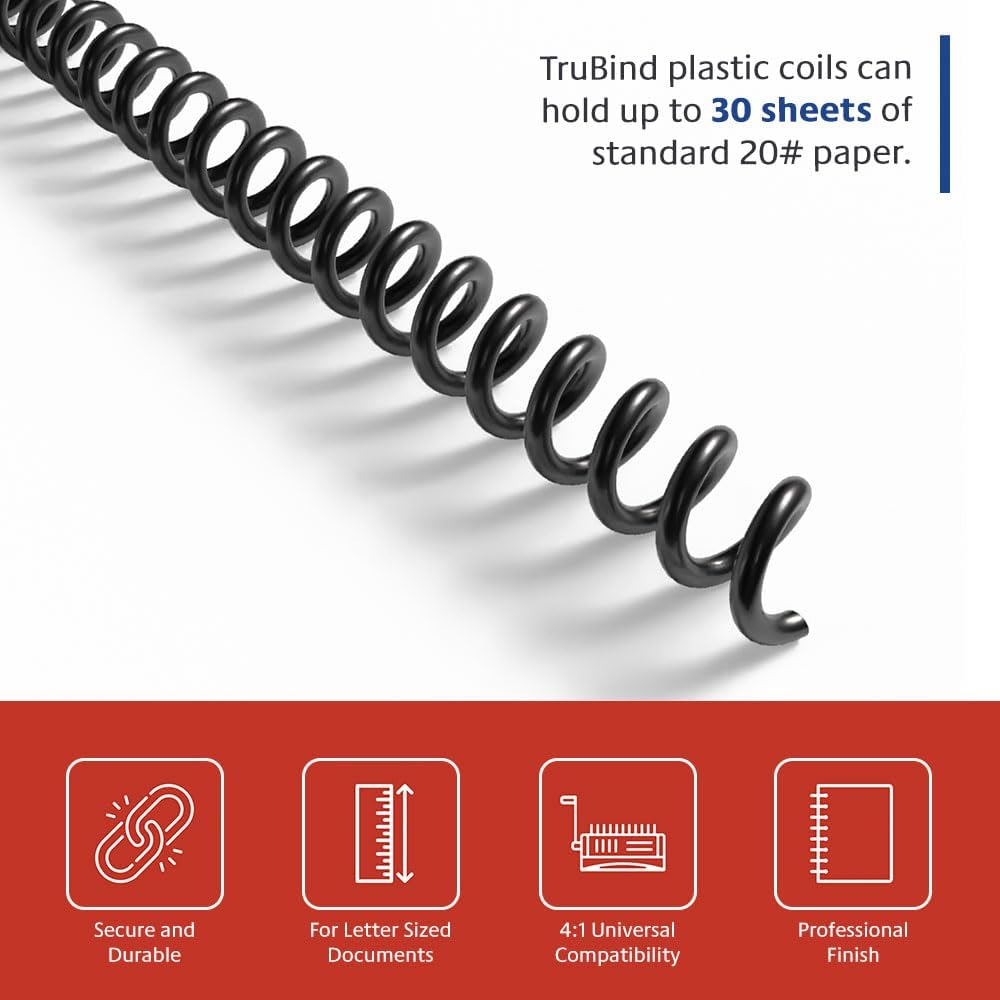 TruBind 6mm (1/4 in.) Spiral Binding Coils for Reports, Presentations and Proposals | 4:1 Pitch | 12 in. Length | Black | 30 Sheets Binding Capacity | 100 Pack