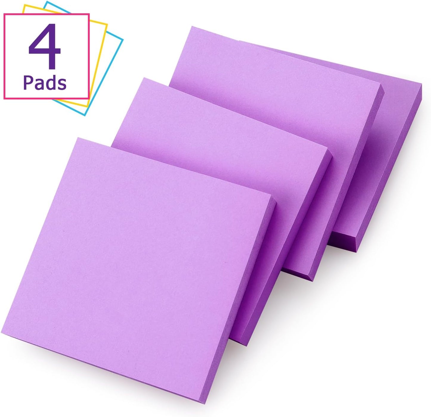 Sticky Notes 3x3 Self-Stick Notes Bright Colors Sticky Notes 4 Pads 100 Sheets/Pad (Purple)