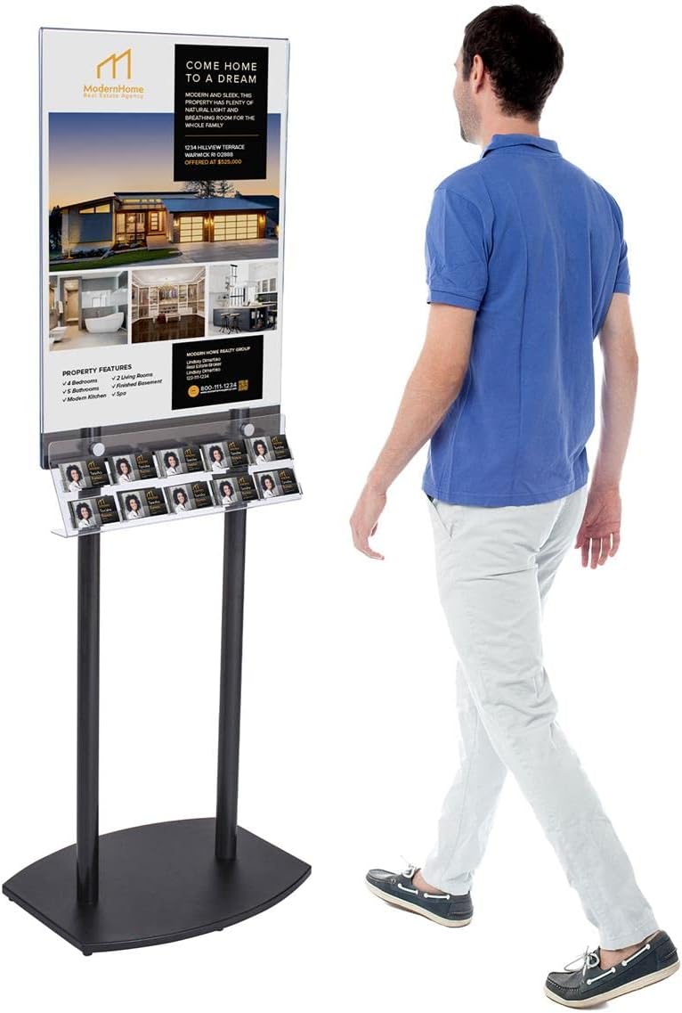 Displays2go Poster Holder with Business Card Attachment, Laminated MDF & Acrylic Construction – Black, Clear Finish (BC10SCLPSB)