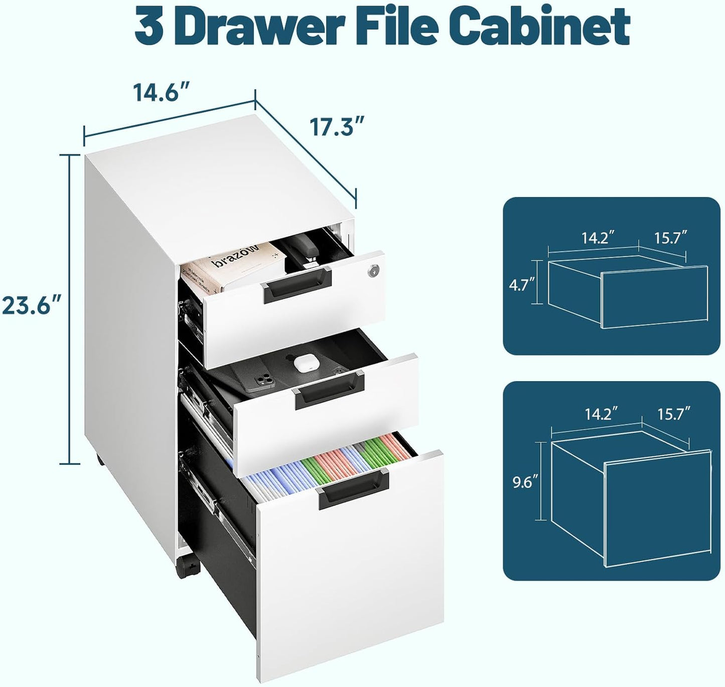 MIIIKO 3 Drawer Filing Cabinet with Lock, Metal Vertical File Cabinets for Home Office, Full Assembled File Cabinets Under Desk, Letter/Legal/A4 File Folders Storage