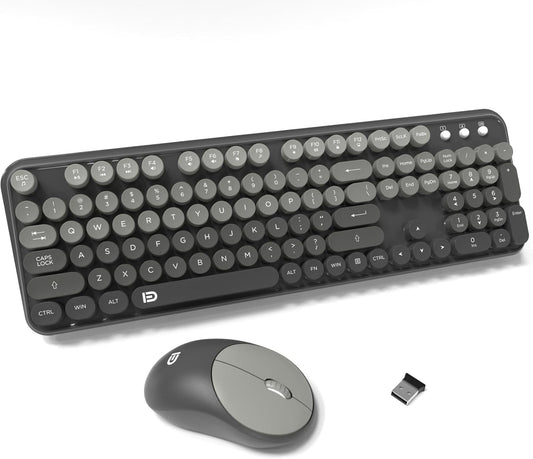 FOPETT Wireless Keyboard and Mouse Combo - Cute Colorful Mouse and Keyboard 2.4G Full-Sized with 104 Round Keys Retro Typewriter Keyboards for Laptop/Windows/PC - Grey Gradient