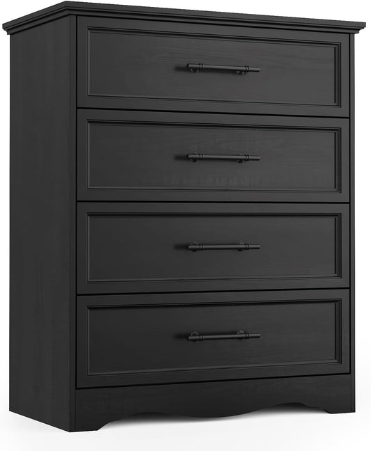 Black Dresser for Bedroom, Farmhouse 36" Tall 4 Drawer Chest with Sleek Brushed Metal Handles, Modern Wood Storage Cabinet with Unique Base Design, Closet Organizer for Bedroom, Living Room, Hallway