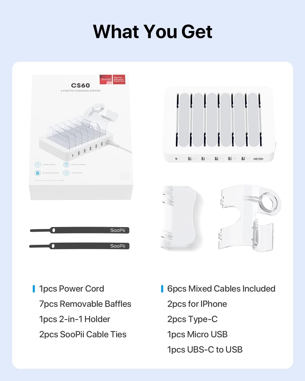 SooPii 60W 6-Port Charging Station for Multiple Devices, PD 20W USB C Fast Charging for lPhone 14/13/12,6 Short Cables Included, 2 in 1 Holder,for Phones,Tablets and Others,White