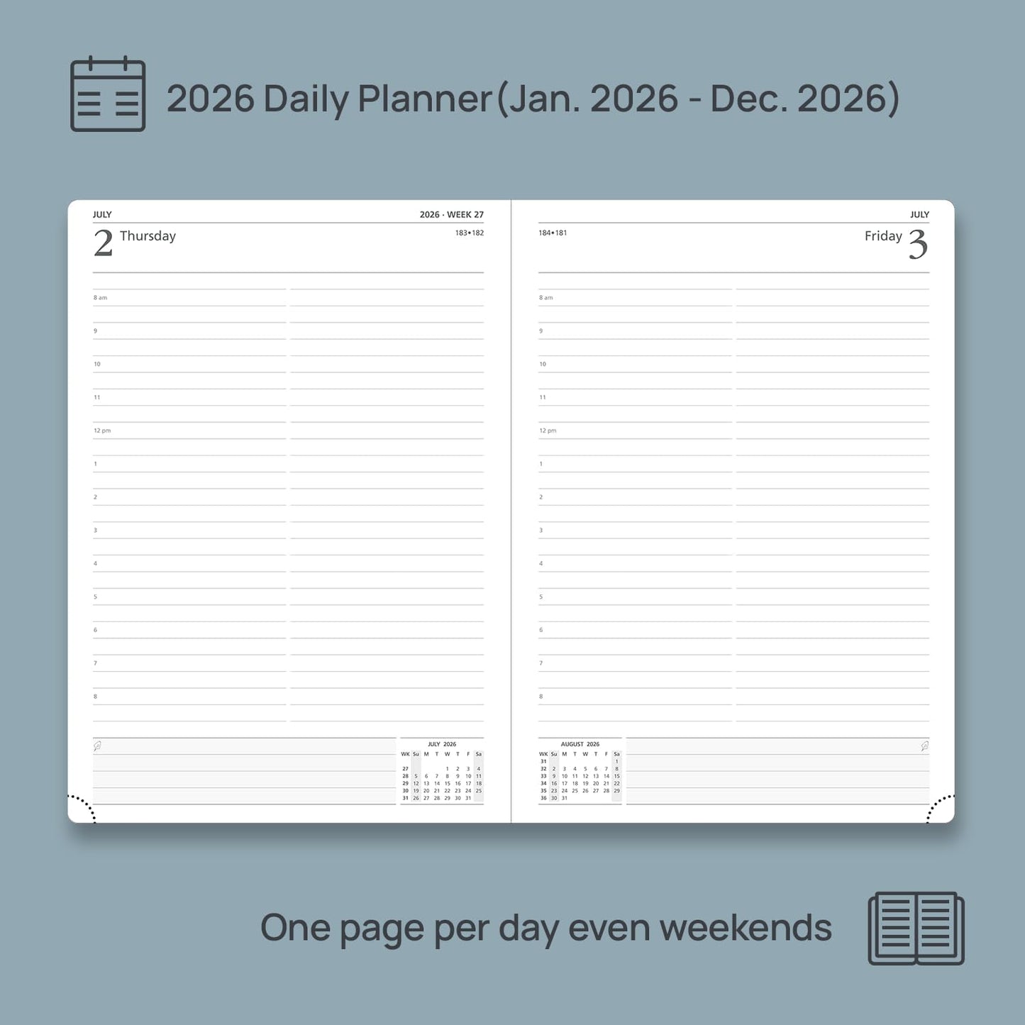POPRUN 2026 Daily Planner One Page Per Day Even Weekends A4 Large Size (8.5" x 12") - 12 Months Calendar Hourly Appointment Book with Inner Pocket, Pen Holder, Hardcover - Violet