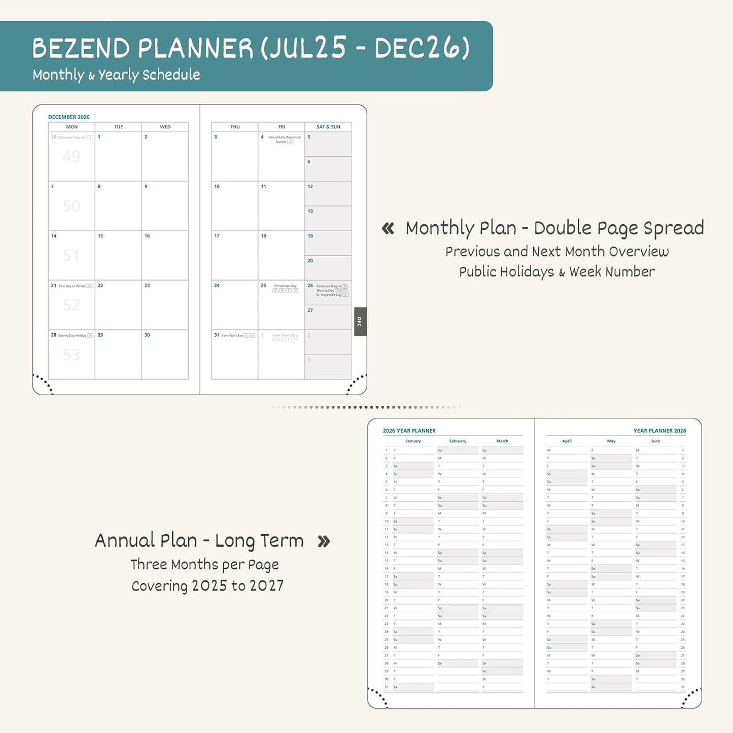 BEZEND Pocket Planner 2025-2026 Weekly and Monthly, 3.5" x 6" Academic Planner (Jul 25-Dec 26) 18-Month Mid-Year Calendar Book, Storage Pocket, Pen Holder, PU Leather Hardcover - Lavender