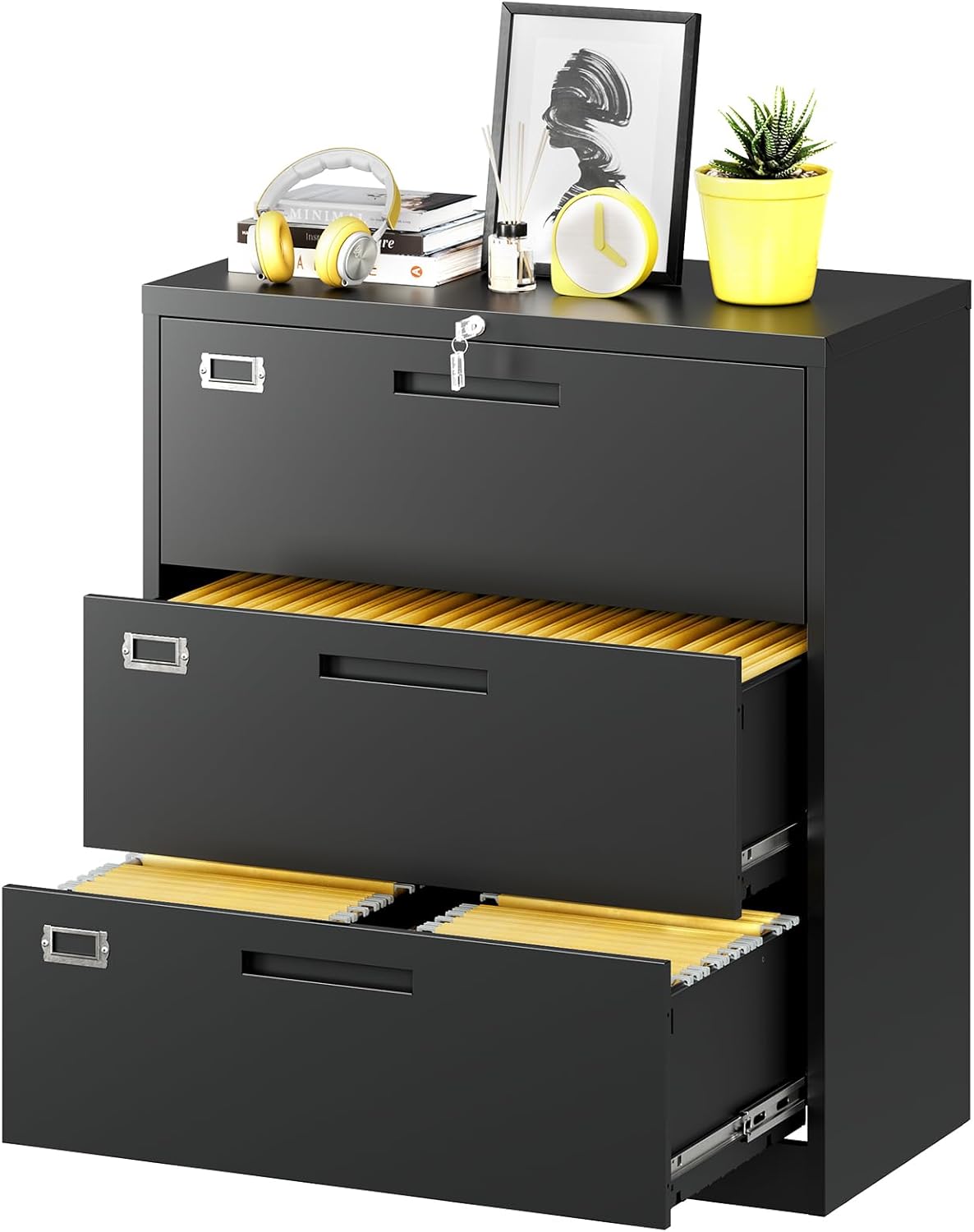 Lateral File Cabinet with Lock, 3 Drawer Large Metal Filing Cabinet,Home Office Lockable Storage Cabinet for Hanging Files Letter/Legal/F4/A4 Size-Assembly Required