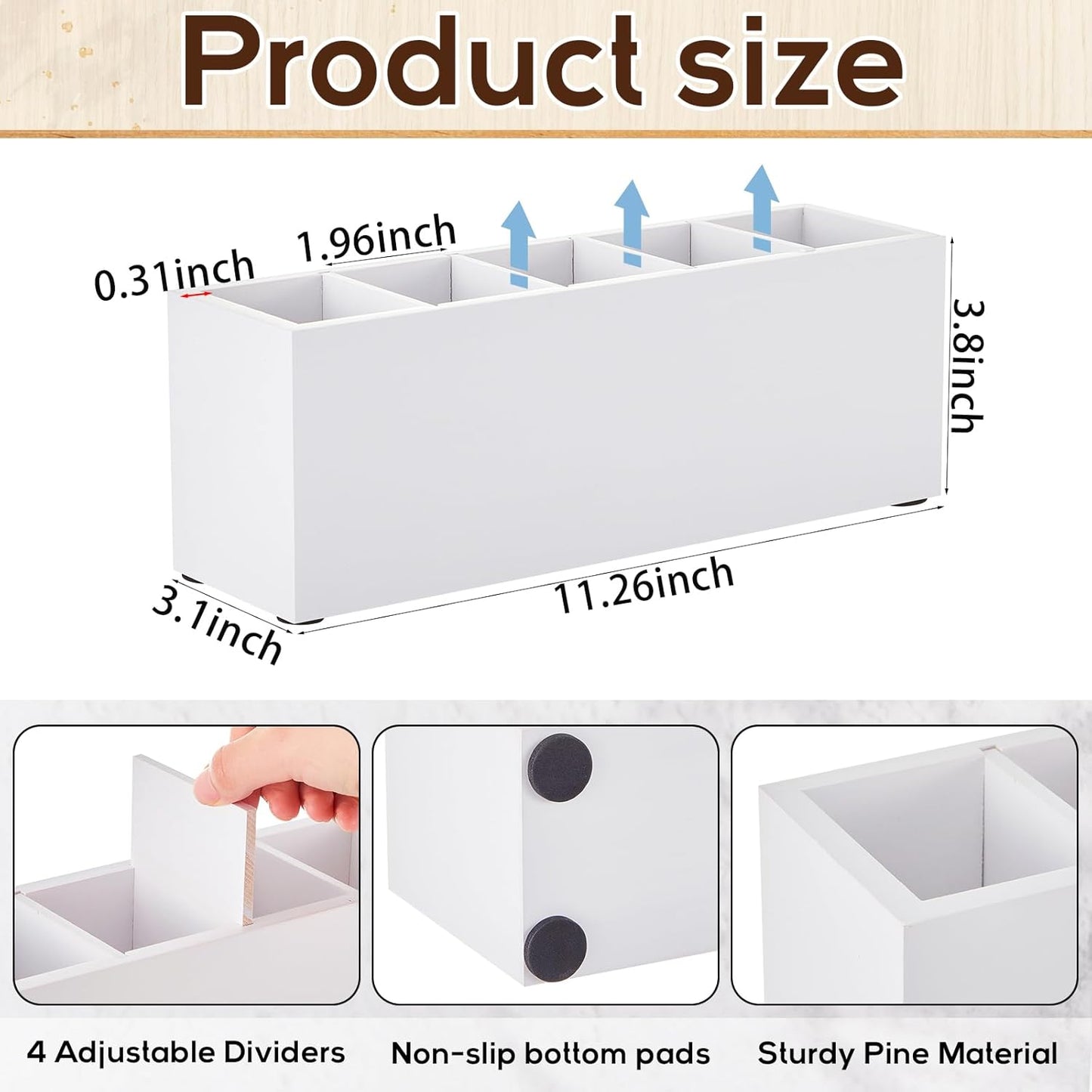 Jetec Wooden Pencil Holder 5 Compartments for Desk Adjustable Pen Holder Wood Office Desk Organizers and Accessories Makeup Brush Organizer for Pen, Home, Office and Art Supplies (White)