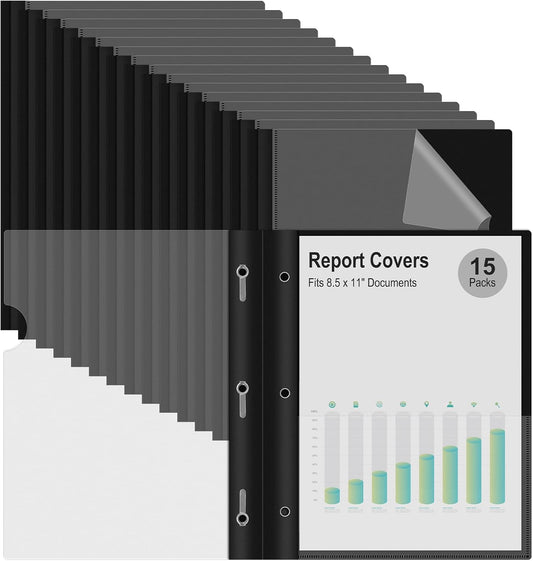 Ndsox 15 Packs Clear Front Report Covers with 3-Prong Fasteners, Plastic Project Presentation Folders Resume Document Covers with Black Back for 8.5" x 11" Letter Size Paper for School Office Business