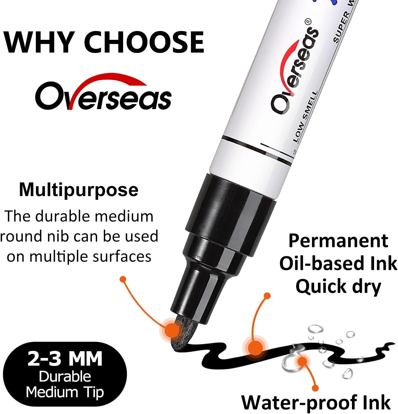 Overseas Paint Pens Paint Markers, 6 Colors Oil Based Permanent Markers, Medium Tip, Quick Dry and Waterproof Assorted Color Marker Pen for Metal, Wood, Plastic, Rock, Canvas, Glass, Rubber