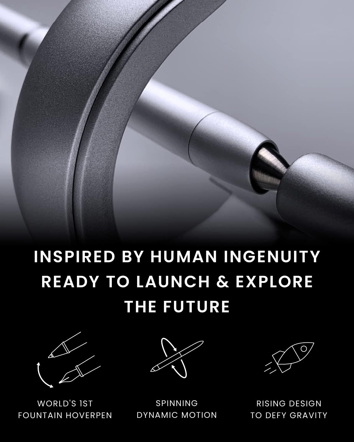 novium Hoverpen Future Edition - Luxury Fountain Pen & Rollerball Pen All-In Gift Box, Fine Nib, Futuristic Aesthetic, Aerospace Metal Made, Free Spinning Executive Pen, Mens Gift Ideas (Frost Silver)