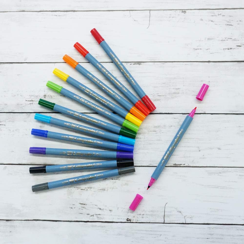 Kuretake ZIG Calligraphy Marker Pens, 12 Colors set, 2mm & 3.5mm Dual Tip Markers, for Writing & Hand Lettering, for Professional, Beginner, Water-based dye ink, Made in Japan