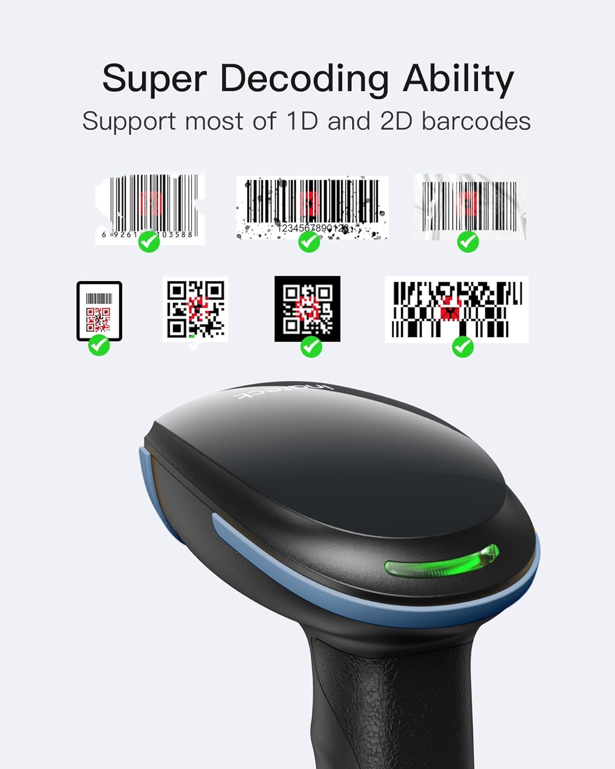Inateck 2D Barcode Scanner, Wireless Bluetooth QR Barcode Scanner, Handheld Scanner with APP and SDK, 1 Charge for 3 Months, BCST-23 Blue