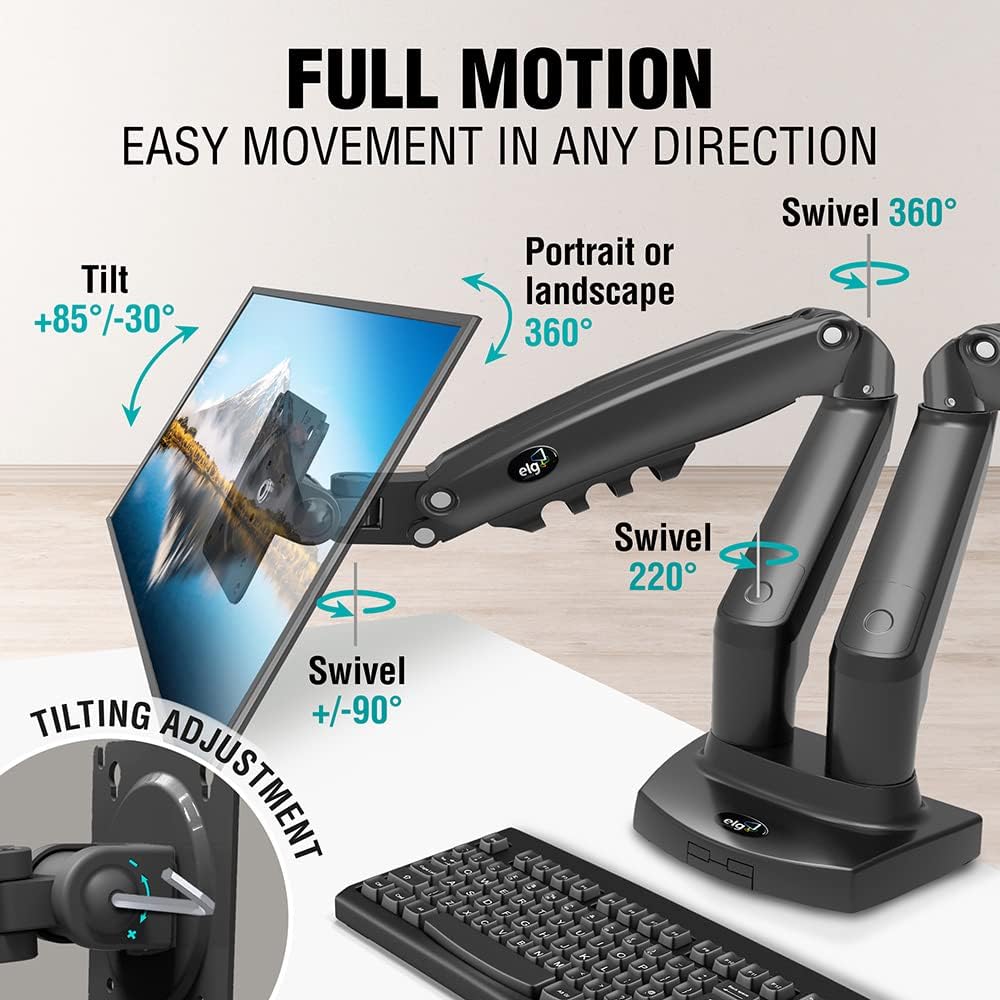 ELG Full Motion Swivel Dual Monitor Desk Mount Stand Gas Spring for Two Screens 17” to 35'' (4.4lbs to 19.8lbs Load for Each Display), Computer Monitor Stand F160N, Black