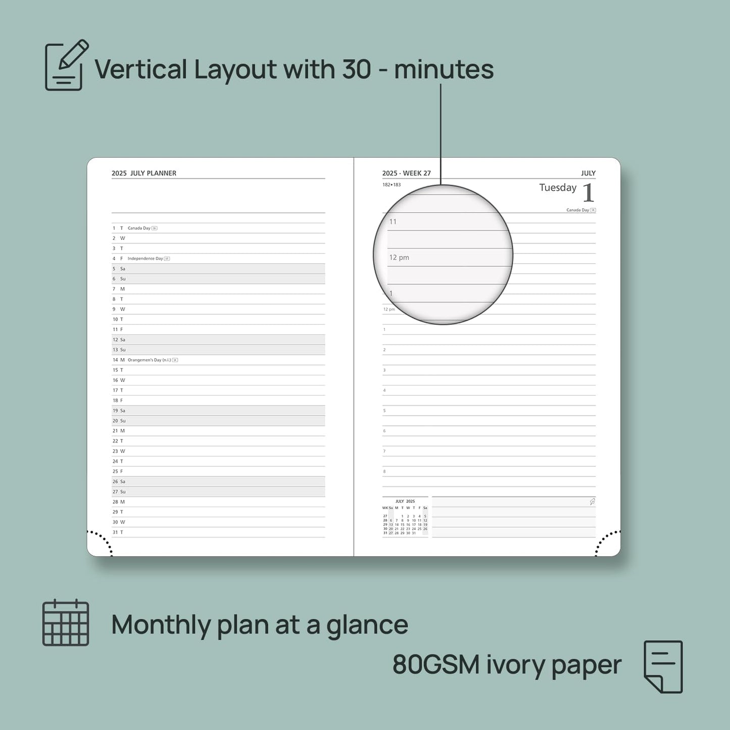 POPRUN 2025-2026 Daily Planner One Page Per Day (Medium - 5.75" x 8.5") - Academic Calendar (July 2025 - June 2026), 2025 Day Appointment Book with Monthly Tabs, Hardcover - Pacific Green