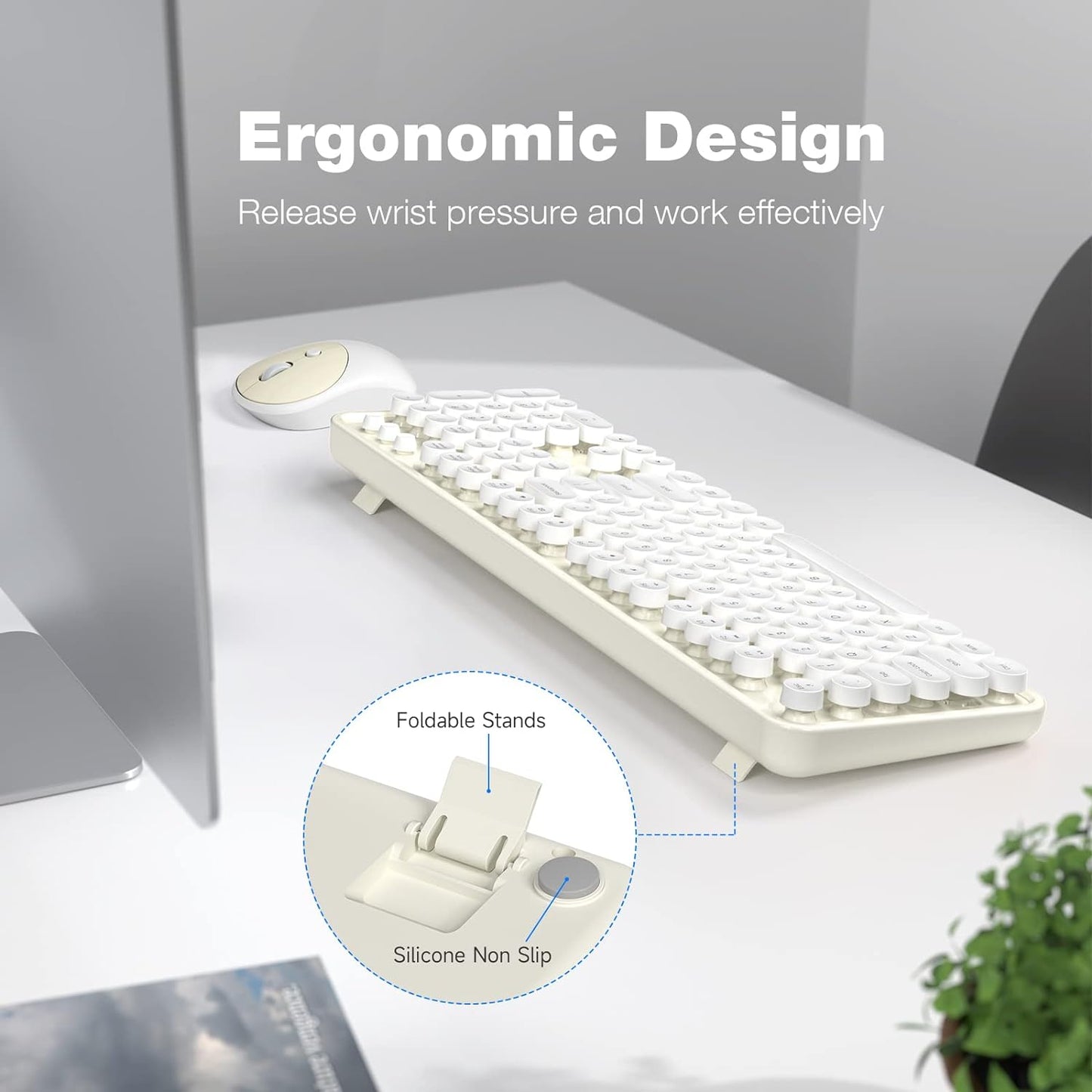 Wireless Keyboard and Mouse Combo, 104 Keys Full-Sized Typewriter Keyboards, 2.4 GHz USB Receiver Plug and Play, for Windows, PC, Laptop, Desktop (Cremy White)