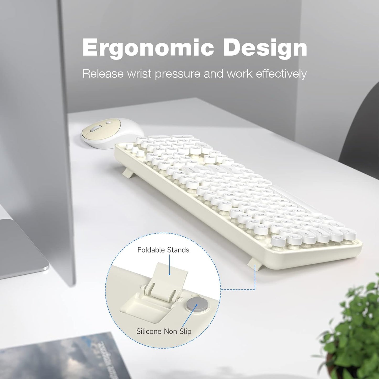 MOFII Wireless Keyboard and Mouse Combo, Milk White 2.4G Full Size Keyboard, Round Key Typewriter Keyboards and Cute Mice with 2 in 1 USB Dongle, for PC Laptop Chromebook Smart TV