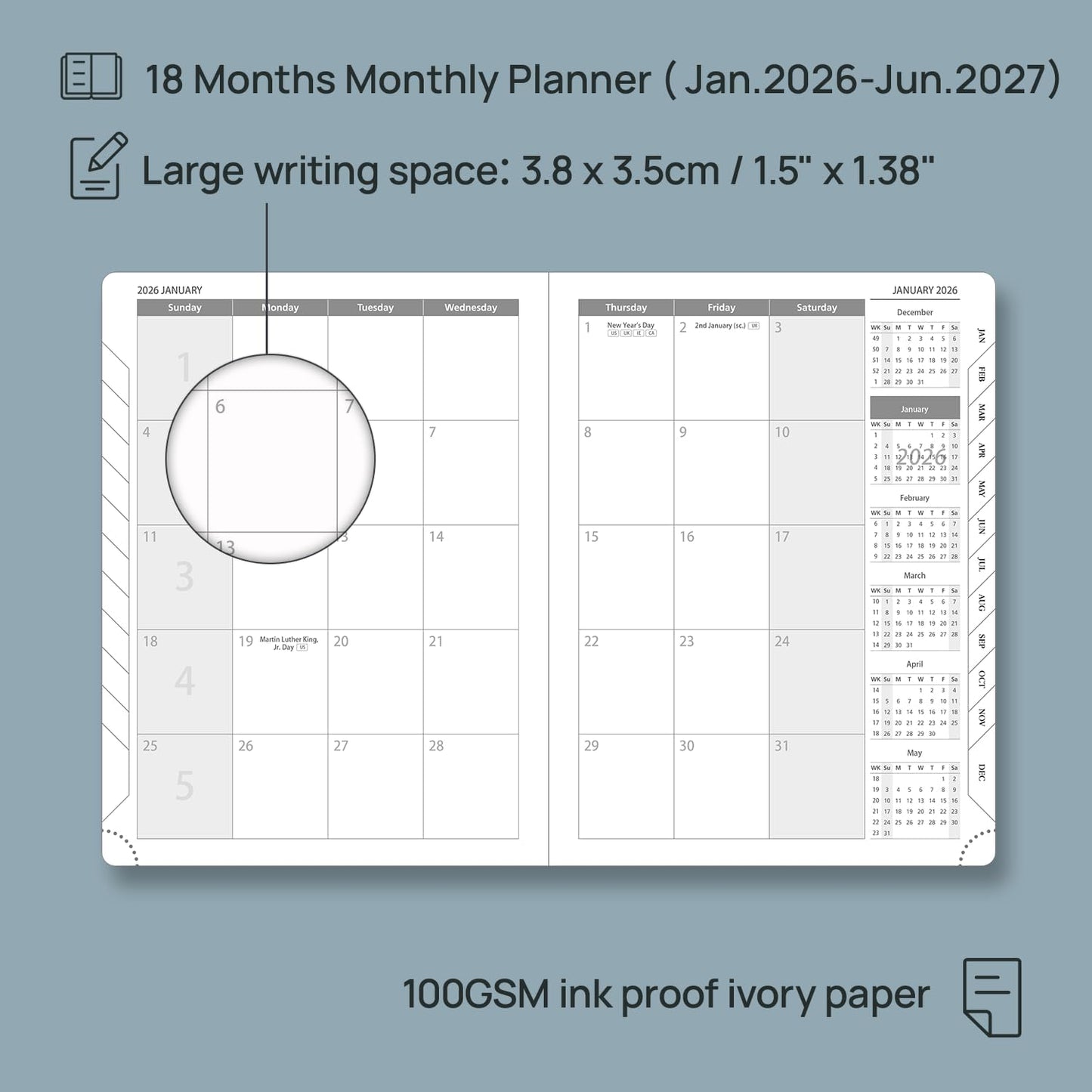 POPRUN Monthly Planner 2026-2027 (Medium- 6.5'' x 8.5'' Soft Cover), 18-Month Calendar Book (Jan.2026 - Jun. 2027), Calendar Planner with Monthly Tabs & Pocket, 100 GSM Paper - Green