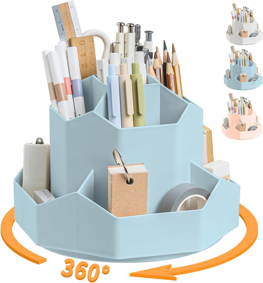 Pencil Pen Holder for Desk,9 Slots 360 Degree Rotating Desk Organizers,Desktop Storage Stationery Supplies Organizer, Cute Pencil Cup Pot For Office, School, Home(Blue)