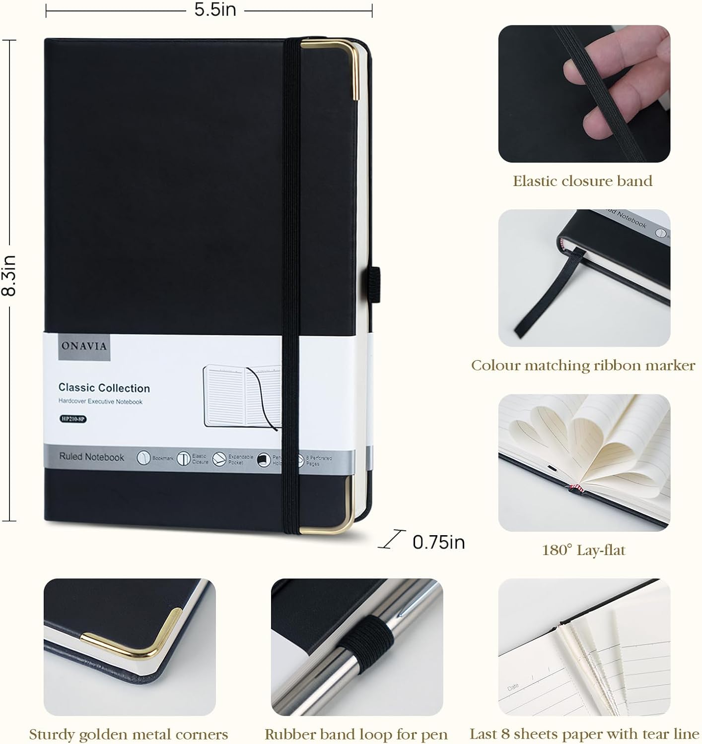 A5 Black Lined Journal Notebook - 100 GSM Thick Paper, 8 Pack Hardcover Journaling Notebooks for Writing, Work, Travel, College Ruled Journals for Women & Men, PU Leather Note Books, 5.5”x8.3”