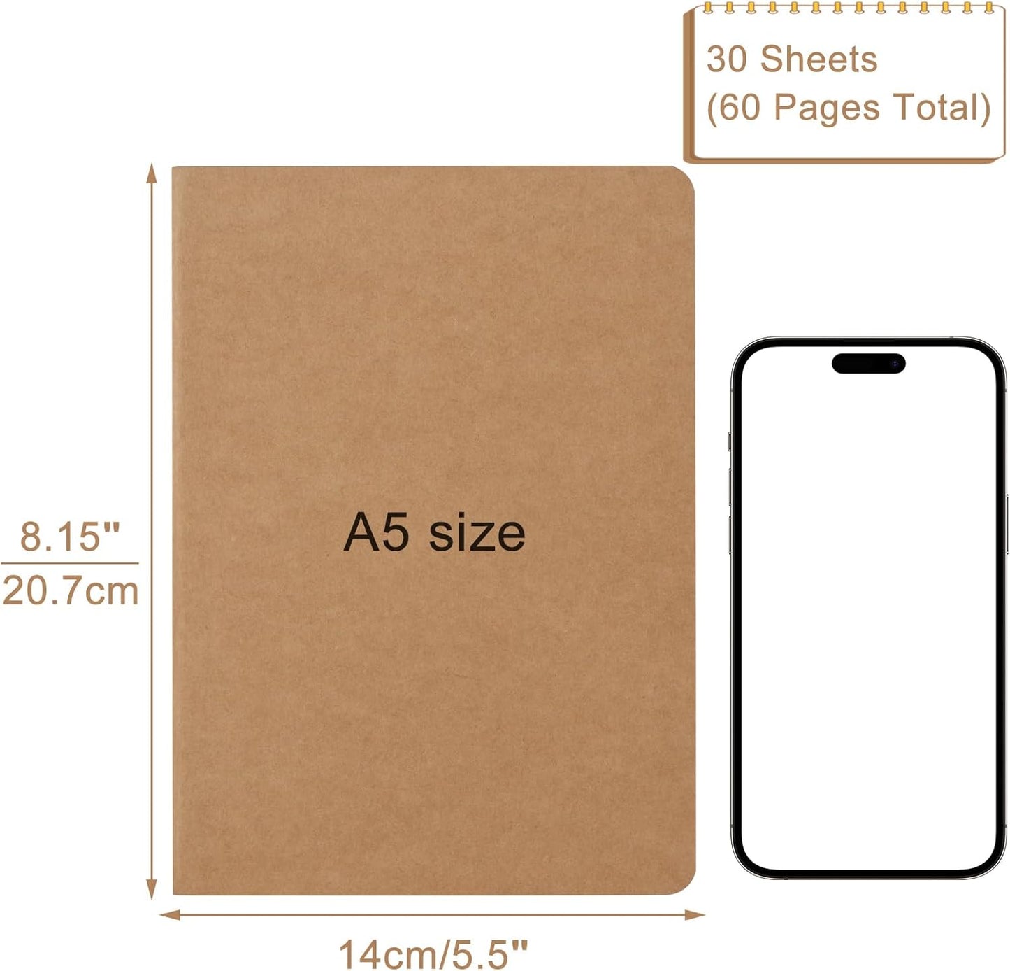 ZCZN 5 Pack A5 Kraft Notebooks Bulk, 8.15x5.5 Inches Blank Journaling Notebooks, Notebooks for Work, Composition Notebooks for School, Journal notebooks for kids, 60 Pages
