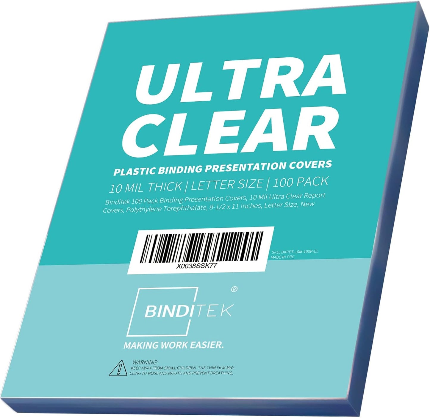 Binditek 100 Pack 10 Mil Binding Presentation Covers, Ultra Clear Report Binding Covers, 8-1/2 x 11 Inches, Letter Size, Square Corners, Un-Punched, for Students and Coworkers