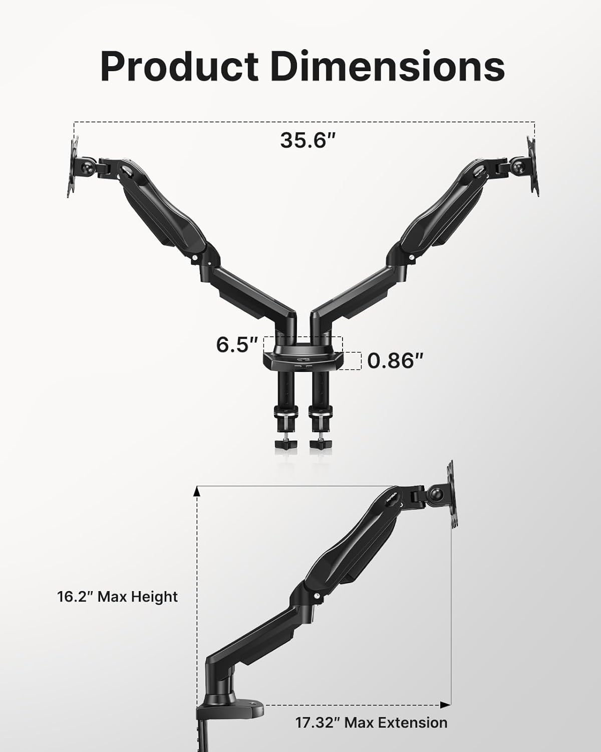 HUANUO Dual Monitor Stand - Full Adjustable Monitor Desk Mount Swivel Vesa Bracket with C Clamp, Grommet Mounting Base for 13 to 32 Inch Computer Screens - Each Arm Holds 4.4 to 19.8lbs