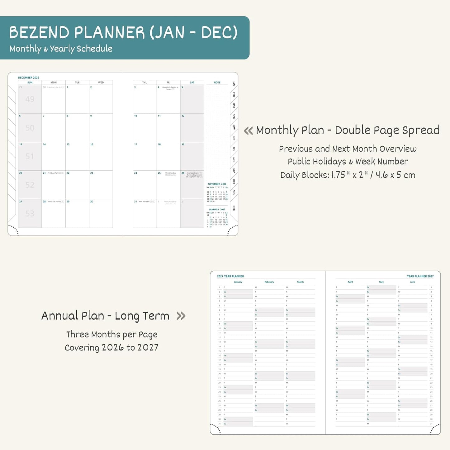 BEZEND 2026 Planner Weekly and Monthly (8.5" x 11") Daily Calendar with Half-Hourly Timeslots & Tab (Jan-Dec) Note & Expenses, Pen Holder, Inner Pocket, Vegan Leather Hardcover - Turquoise