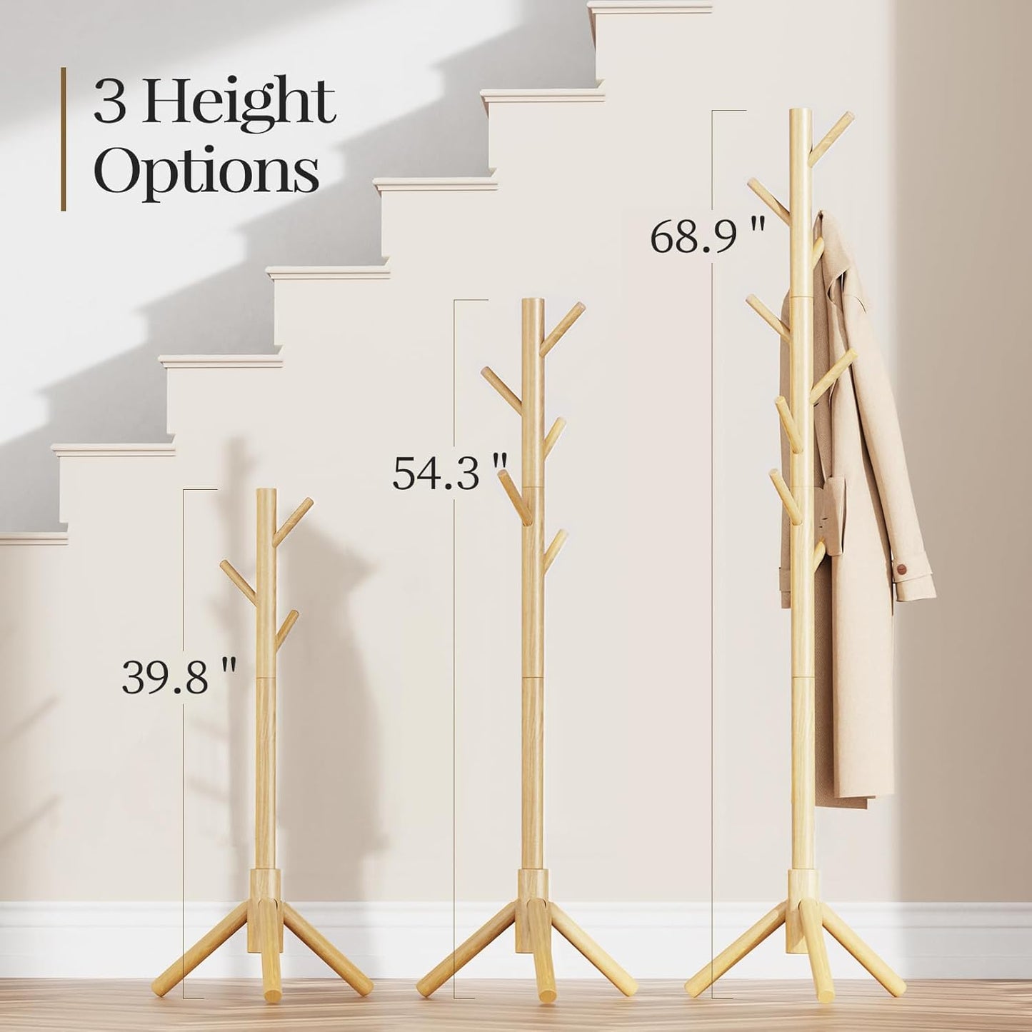 Pipishell Coat Rack Sturdy Wooden Coat Rack Stand, Adjustable Coat Tree, Free Standing Tree Hanger with 4 Sections & 8 Hooks, for Home/Bedroom/Office/Hallway/Entryway
