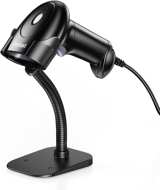 Barcode Scanner with Stand, USB Wired Inventory 2D 1D QR Code Scanner for Computer POS MAC with Automatic Screen Scanning, Handheld CMOS Image Bar Code Reader for Warehouse Library Supermarket