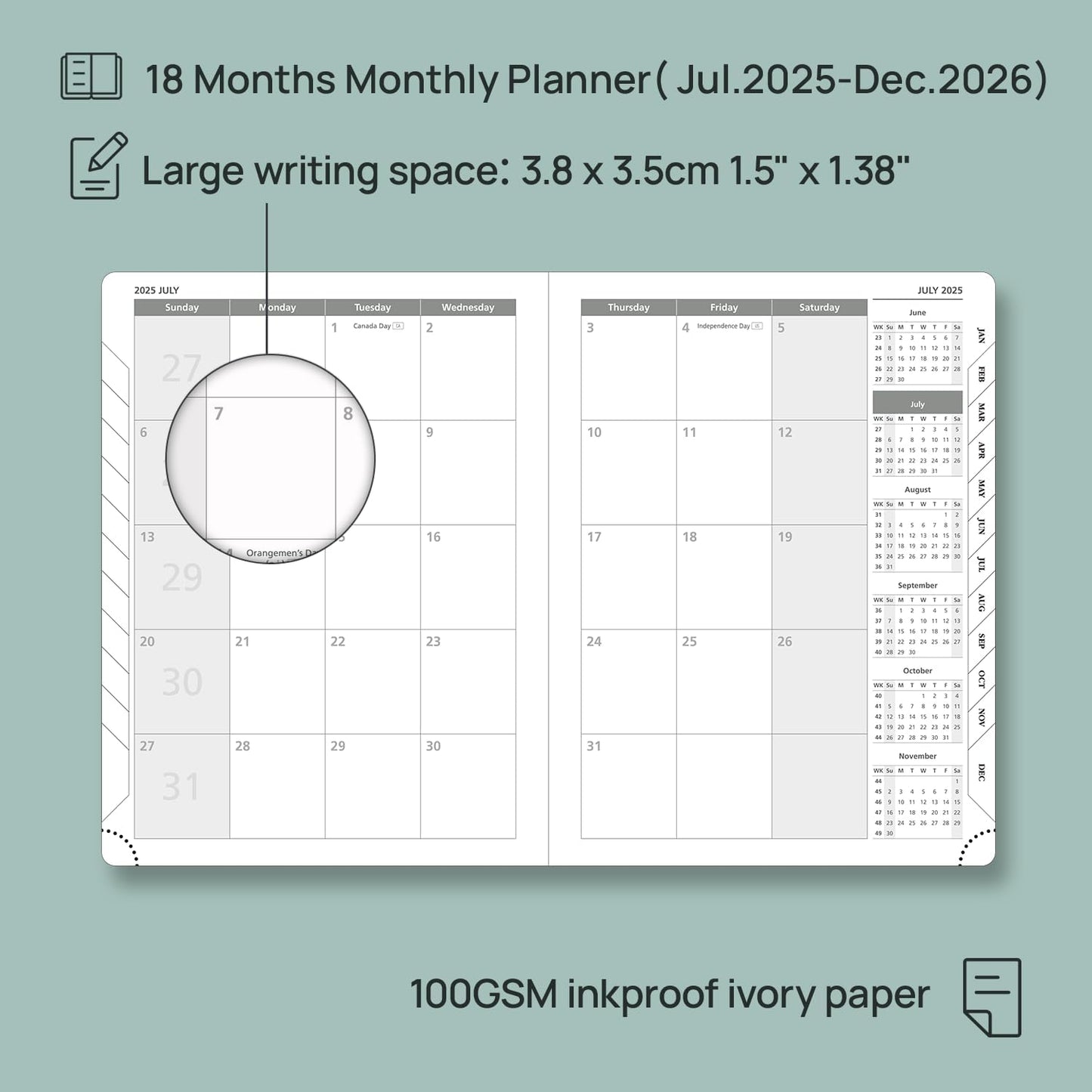 POPRUN Monthly Planner 2025-2026 (Medium- 6.5'' x 8.5'' Soft Cover), 18-Month Calendar Book (Jul.2025-Dec.2026), Calendar Planner with Monthly Tabs & Pocket, 100 GSM Paper - Blue Green