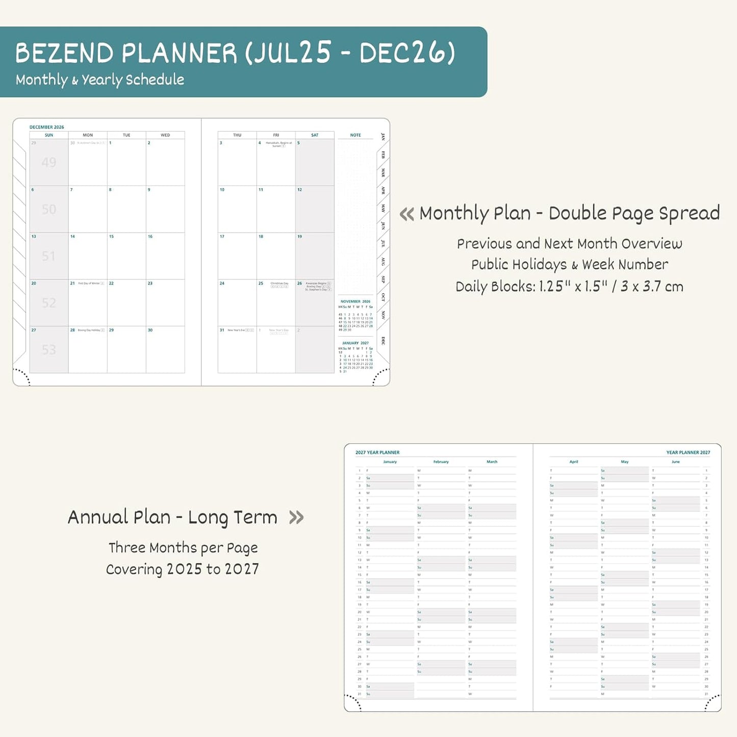 BEZEND Planner 2025-2026 Weekly and Monthly, 5.8" x 8.5" Academic Calendar (Jul 25-Dec 26) Vertical Daily Appointment with Hourly Timeslot & Monthly Tab, PU Leather Hardcover - Orange