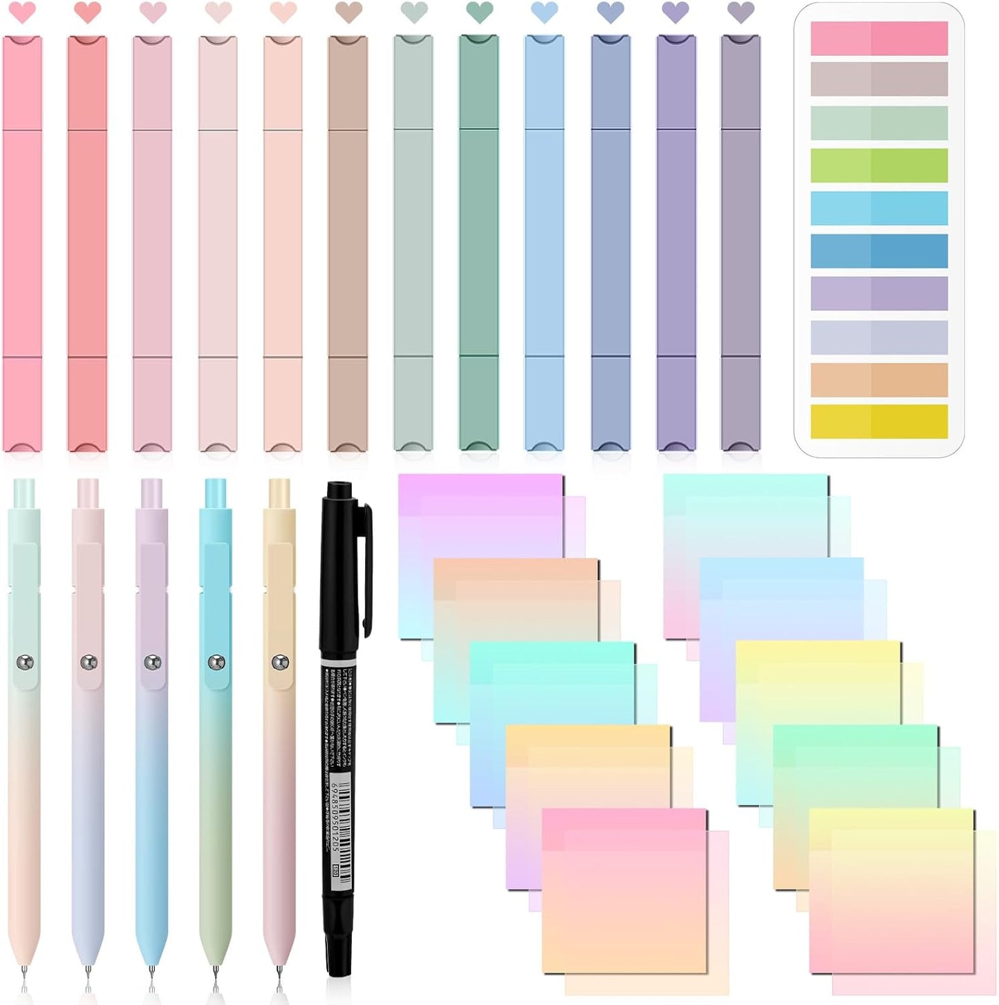 Jutom 38 Pcs Book Annotation Kit Aesthetic Highlighters Gel Pens Set Sticky Notes Tabs Markers Dual Ended Highlighter Quick Dry Ink Pens for Office Annotating Books(Gradient Color,Square)