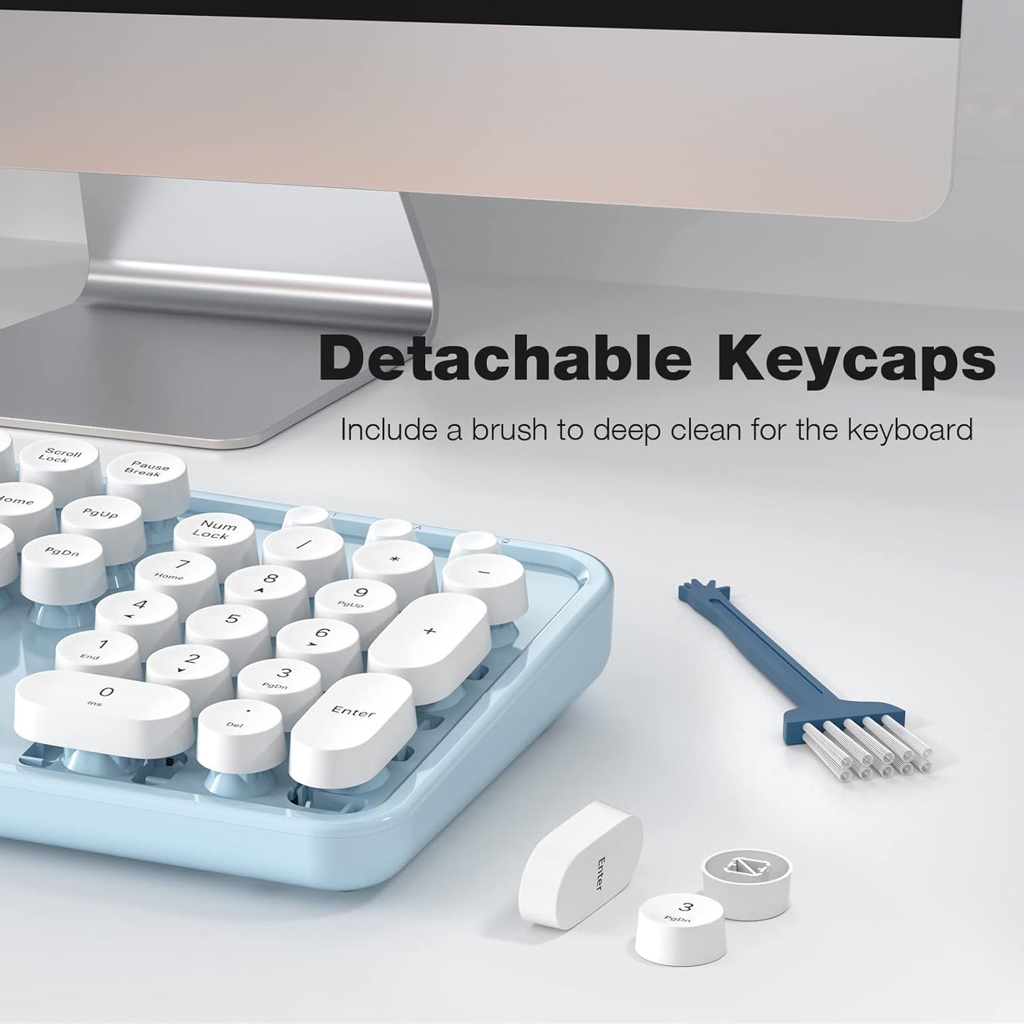 MOFII Wireless Keyboard and Mouse Combo, Computer Full Size 2.4G Plug and Play Wireless Typewriter Retro Round Keyboard and Mouse Set for Windows, Computer, Desktop, PC, Notebook - (Light Blue)