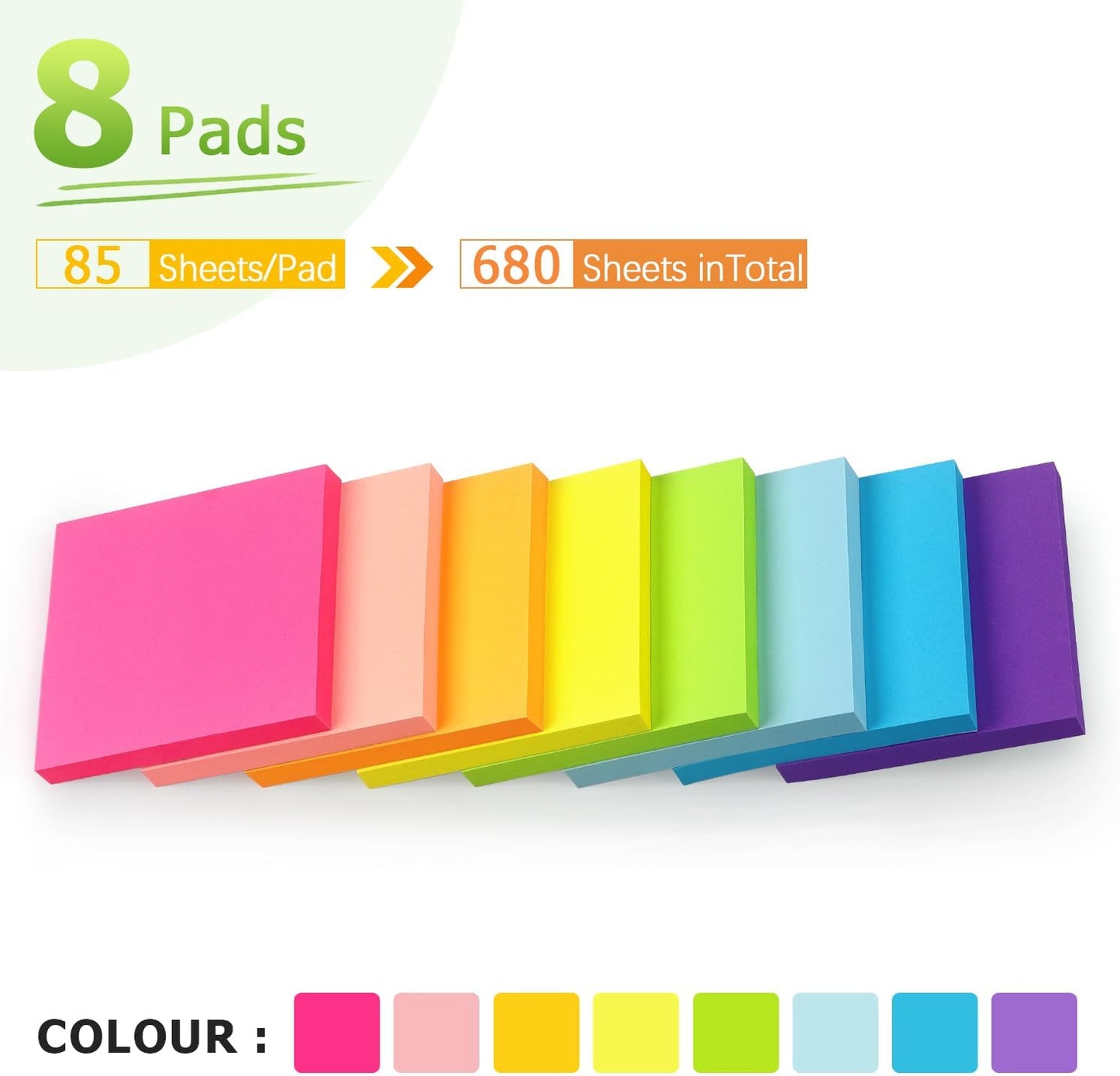 Sticky Notes 3x3 inch Bright Colors Self-Stick Pads 8 Pads/Pack 85 Sheets/Pad Total 680 Sheets