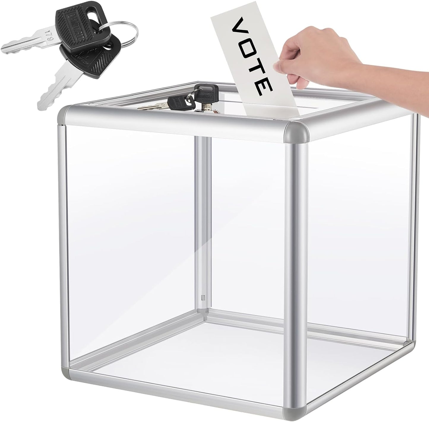 Acrylic Donation Raffle Box with Slot & Lock, Large Clear Ballot Offering Suggestion Ticket Holder for Fundraising Drawing Storage Container Tip Jar Voting Charity(12 x 12 x 12 In,Clear)