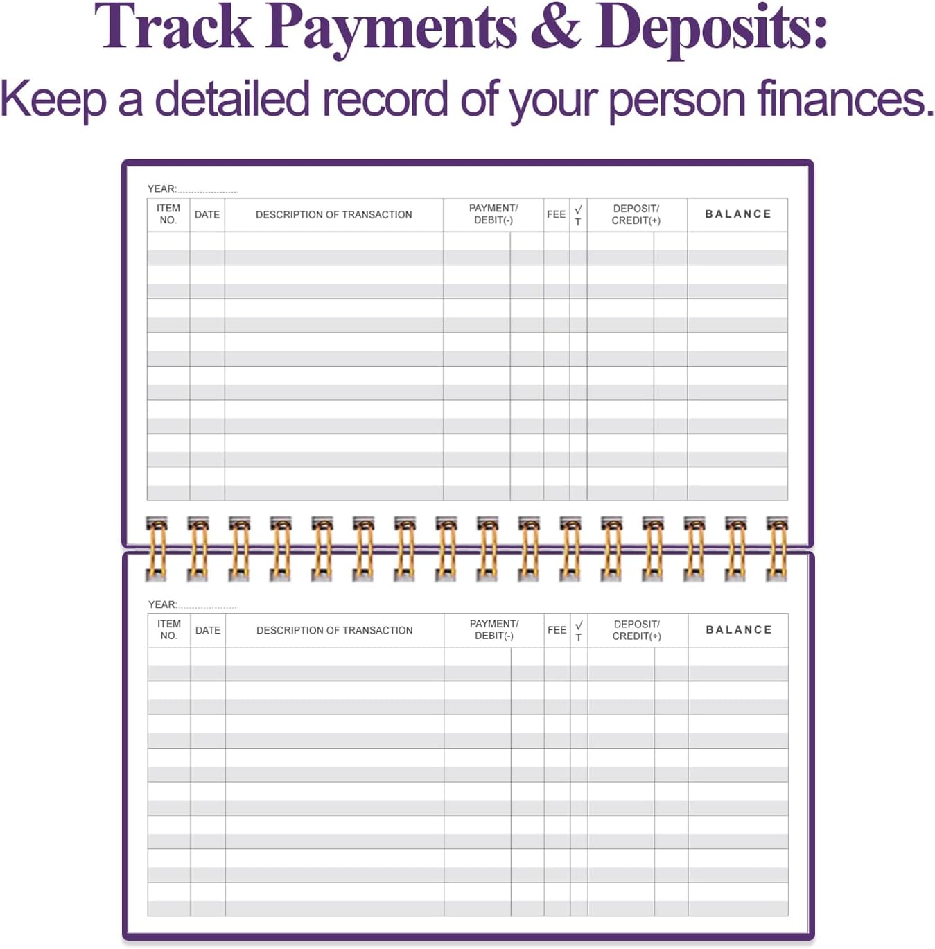 Check Registers for Personal Checkbook - A6 Blank Ledger Transaction Registers for Personal, Check Register Book for Checking and Saving Account, Deposit and Credit Card, 3,75" x 6.75", Purple