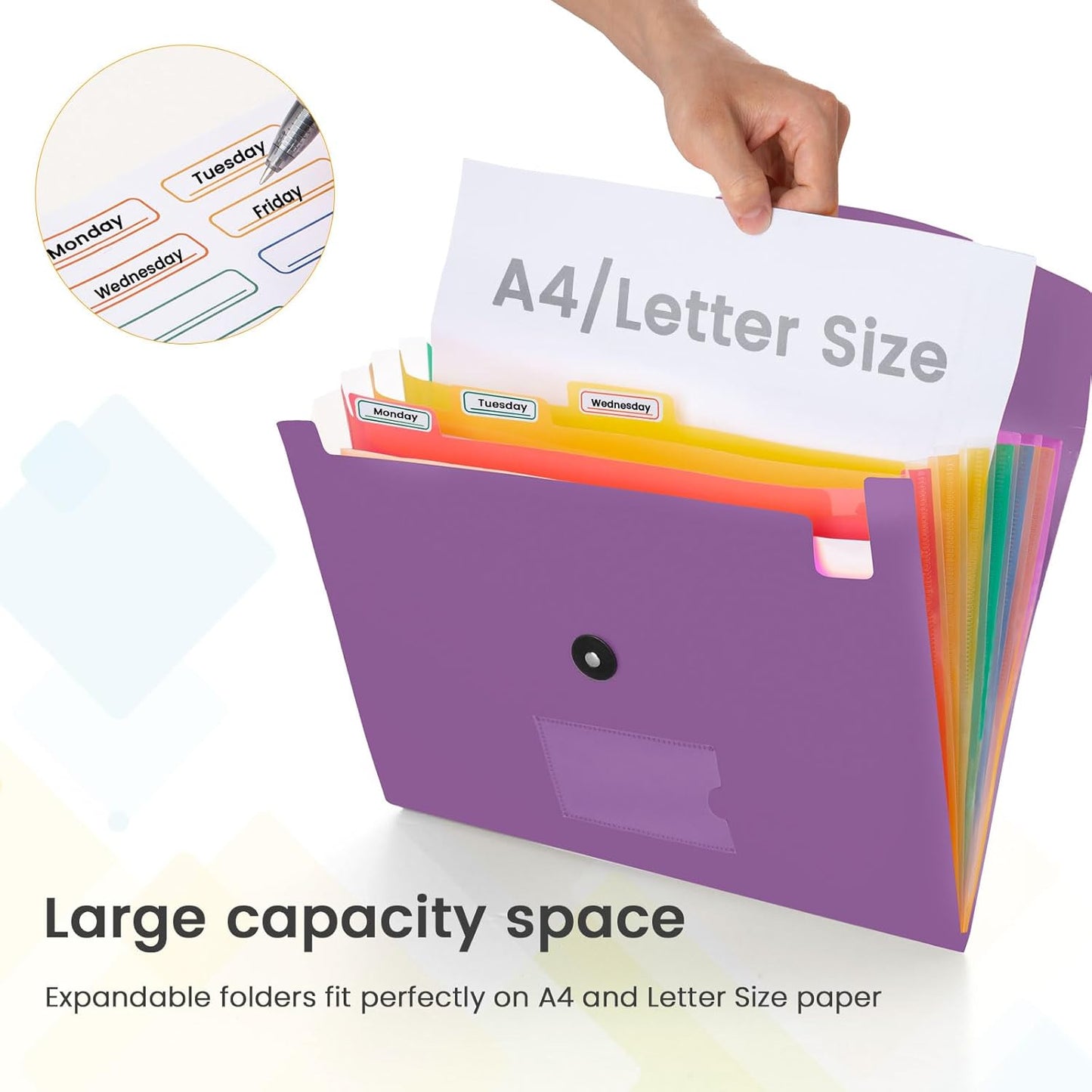 Accordion File Organizer, 7 Pockets Expanding File Folder with Labels, A4/Letter Size Portable Folders for Documents, Paper Organizer for School Office Supplies, Purple