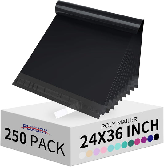 Fuxury 250 Pcs 24x36" Poly Mailers,Waterproof Mailing Envelopes for Clothing, Strong Adhesive Poly Shipping Postage Bags for Small Business(Black)