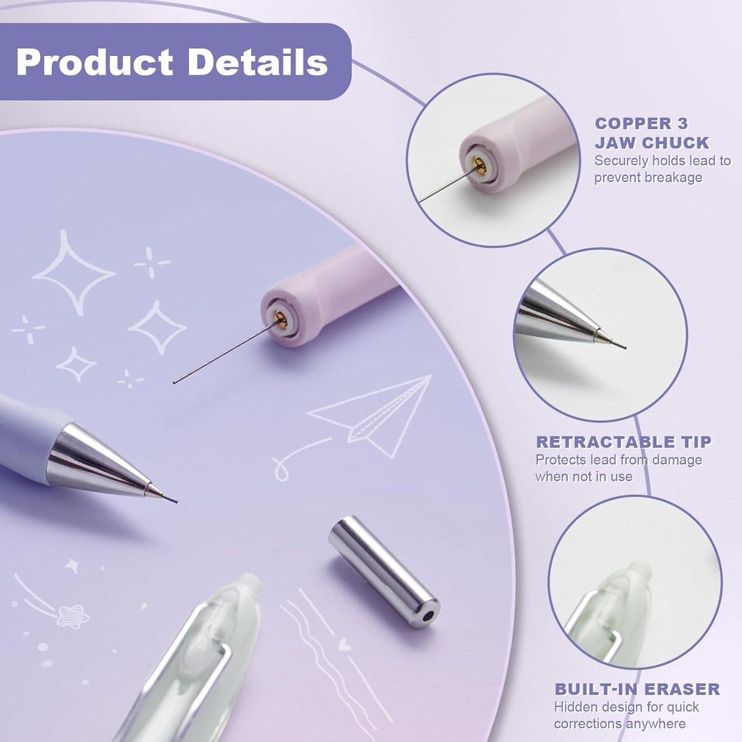 6-Pack 0.7mm Mechanical Pencils with Macaron Colors, Built-In Eraser, Copper Tip, Easy-Load Lead, Metal Clip, Soft Grip, for School, Office, Sketching, Drafting