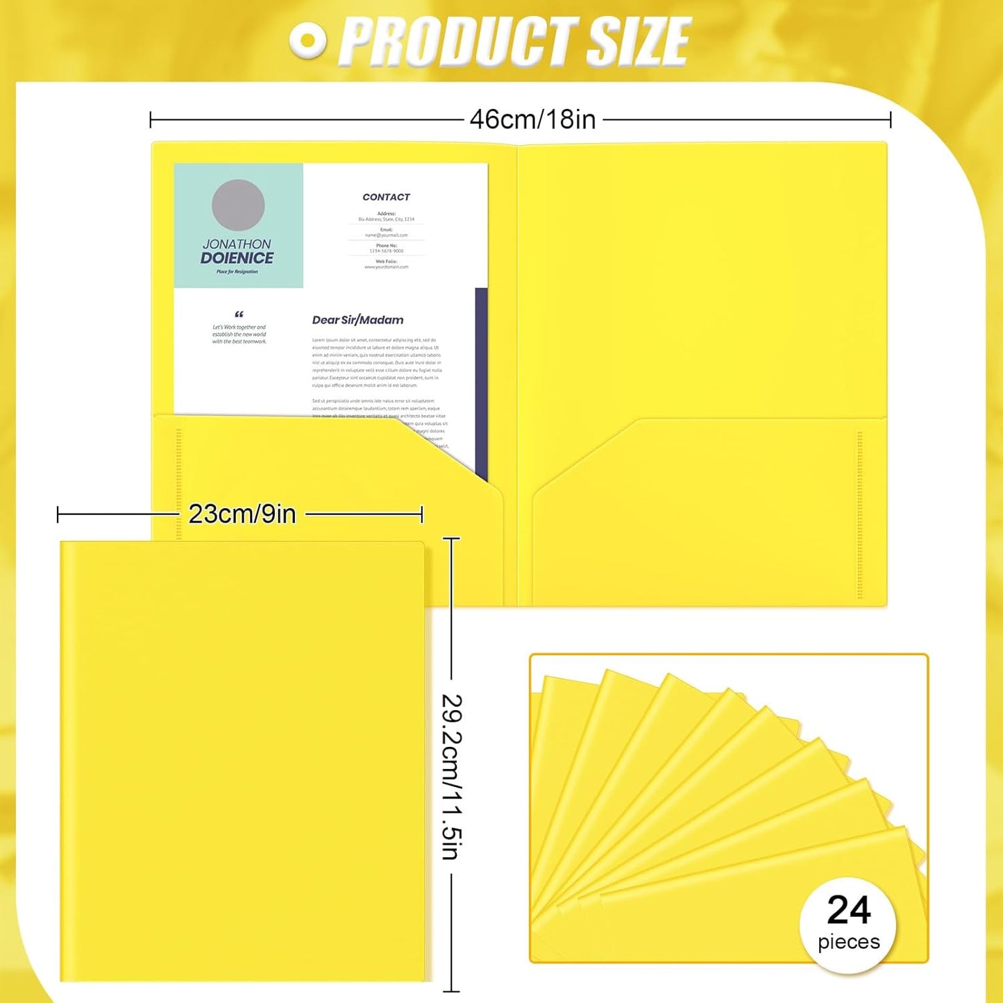 Gueevin 24 Pcs Plastic Folders with Pockets, Back to School Two Pocket Folder Fit Letter Size, Heavy Duty School Business Card Holder for Home Office, 11. 61 x 9. 45 Inches (Yellow)
