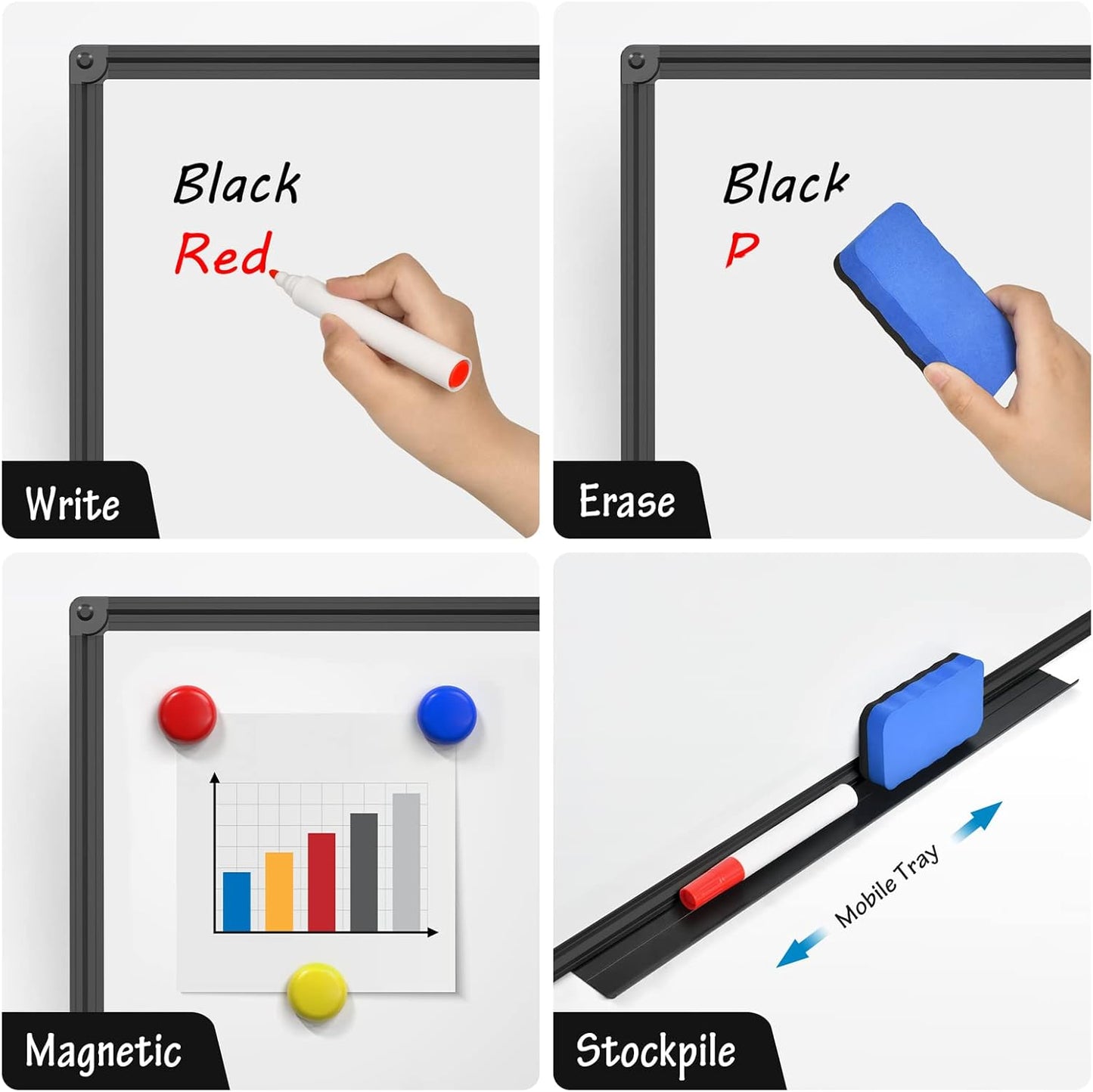 Magnetic Dry Erase Whiteboard 48 x 36 Inch - 4 x 3 Large White Board, Black Aluminum Frame Wall-Mounted, Magnetic Eraser, 2 Pen, Detachable Marker Tray, 6 Magnets for Office, School