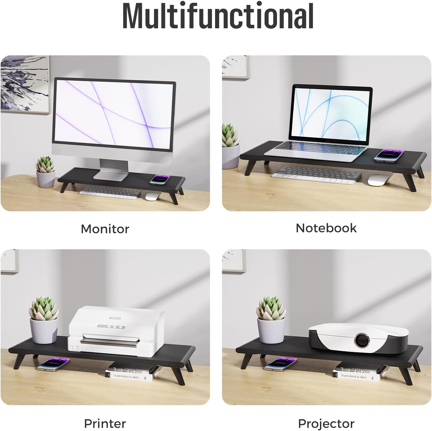 loukin Monitor Stand Riser for Desk, 22.4" x 8.3" Larger Computer Stand for Laptop, PC, Printer, Sturdy Desktop Computer Shelf with Non-Skid Rubber, Home Office (Black)